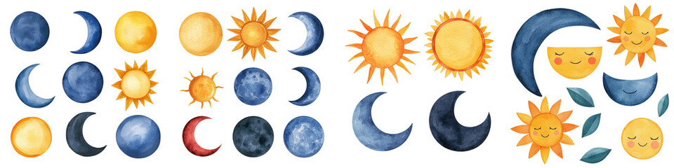 Hand drawn sun and moon phases in watercolor style, perfect for designs, isolated on transparent background.
