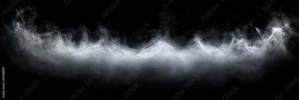 Poster swirling fog in the dark on a black background, ethereal mist floating and merging in an enigmatic a