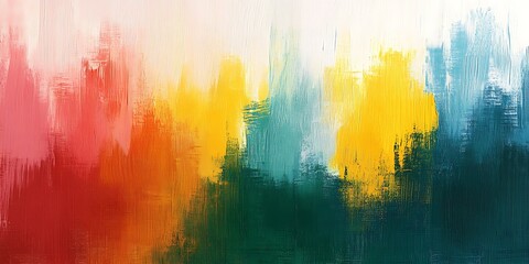 Fototapeta premium Abstract colorful painting with vibrant red, orange, yellow, teal and green hues in a blended, textured style.