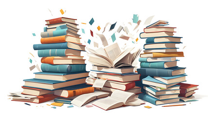 A stack of books, papers, and devices teetering precariously, representing an overwhelming mental load, isolated on a plain white background.