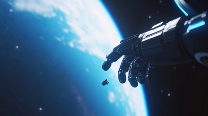 Fototapeta premium Orbital cleanup illustration depicting a futuristic spacecraft removing debris from Earth's orbit, emphasizing the importance of space sustainability and environmental responsibility.