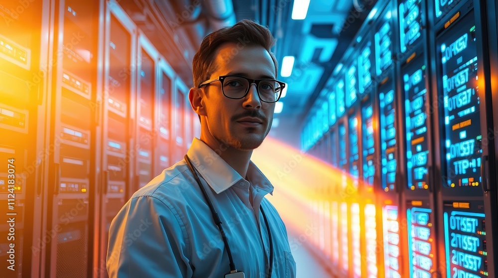 Aufkleber a technician stands in a data center, surrounded by illuminated server racks.