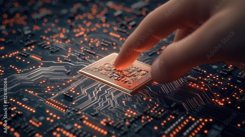 Poster a close-up of a hand touching a microchip on a circuit board, showcasing intricate electronic connec