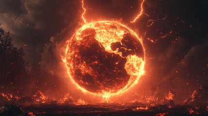 Dramatic imagery of Earth split by a vibrant lightning bolt symbolizing division conflict and energy contrasting halves of the planet representing duality power and the fragility of our world