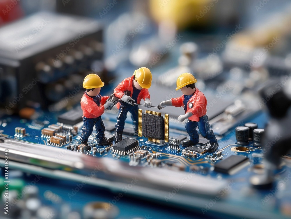 Poster miniature figures work on a circuit board, showcasing a blend of technology and craftsmanship in a c