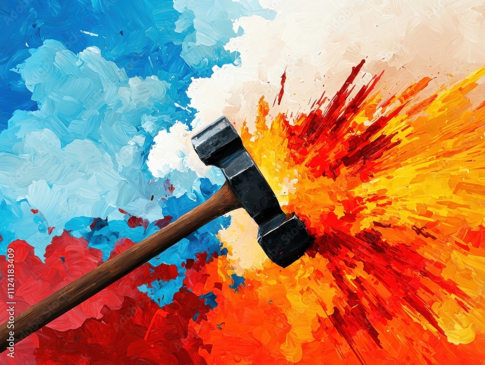 Poster a striking image of a hammer colliding with a vibrant explosion of colors on a canvas, symbolizing c
