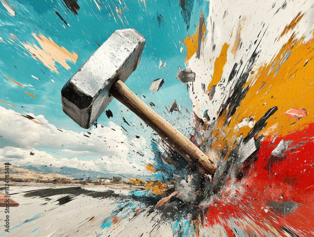 Poster a dynamic image of a hammer striking a surface, creating a burst of color and debris, conveying powe