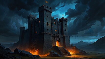 Fototapeta premium Dark Fantasy Castle with Glowing Windows Under Stormy Sky V3
