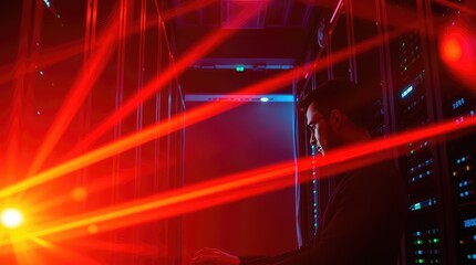 A technician works in a server room illuminated by red lights, focusing on technology.
