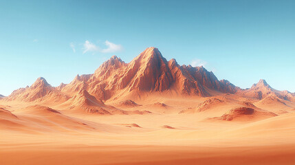 Naklejka premium The breathtaking orange-red sands of Wadi Rum desert in Jordan, with dramatic sandstone formations under a clear blue sky, evoke serenity, adventure, and timeless natural beauty