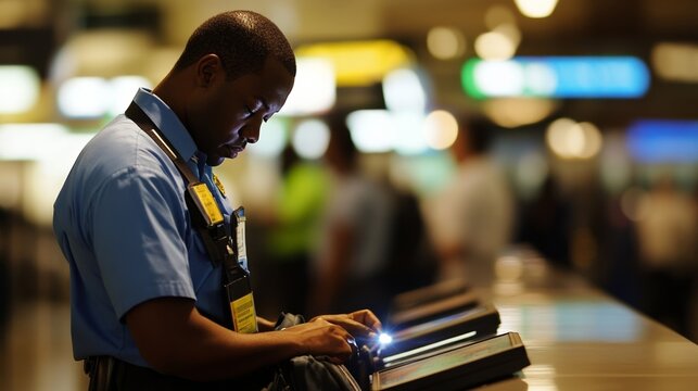 Security personnel meticulously inspecting luggage at airport checkpoint, ensuring safety and compliance with travel regulations. The scene emphasizes the importance of thoroughness in maintaining pub
