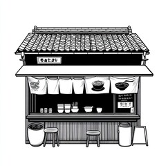 Monochrome illustration of a traditional Japanese food stall with signage and stools.