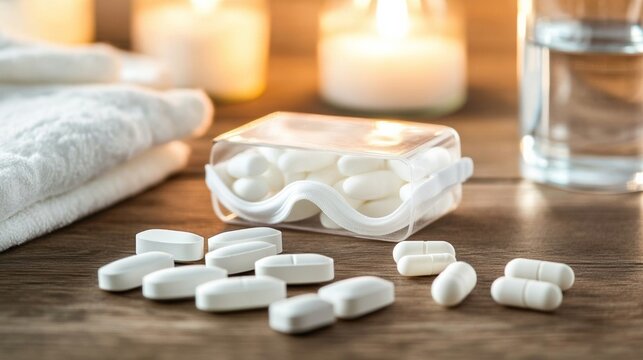 Sleep aid products neatly arranged on a bedside table, promoting relaxation and restful sleep for a peaceful night's slumber.