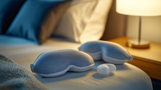 Sleep aid products neatly arranged on a bedside table, promoting relaxation and restful sleep for a peaceful night's slumber.
