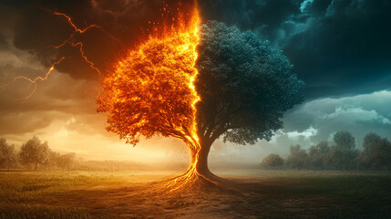 Fototapeta premium Dramatic imagery of Earth split by a vibrant lightning bolt symbolizing division conflict and energy contrasting halves of the planet representing duality power and the fragility of our world
