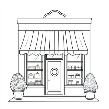 recommend clip art: Line drawing of a gift shop storefront with potted plants.