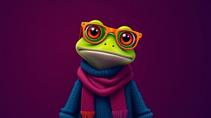 Colorful anthropomorphic frog wearing round orange glasses, a blue turtleneck sweater, and a pink scarf, set against a soft gradient background, exuding a stylish and whimsical charm.

