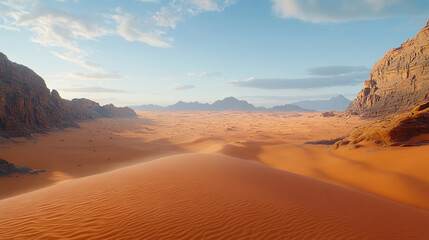 Naklejka premium The breathtaking orange-red sands of Wadi Rum desert in Jordan, with dramatic sandstone formations under a clear blue sky, evoke serenity, adventure, and timeless natural beauty