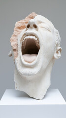 Sculpture of screaming head with fragmented surface, expressing emotion