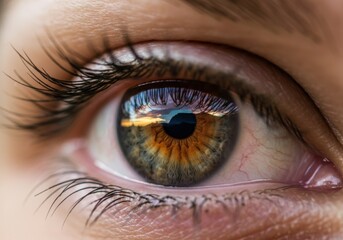 Fototapeta premium Close-up of a human eye reflecting a sunset landscape