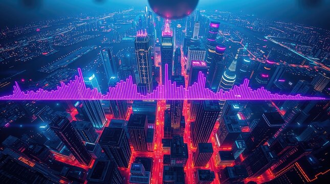 A vibrant city skyline with a digital soundwave overlay, showcasing urban nightlife.