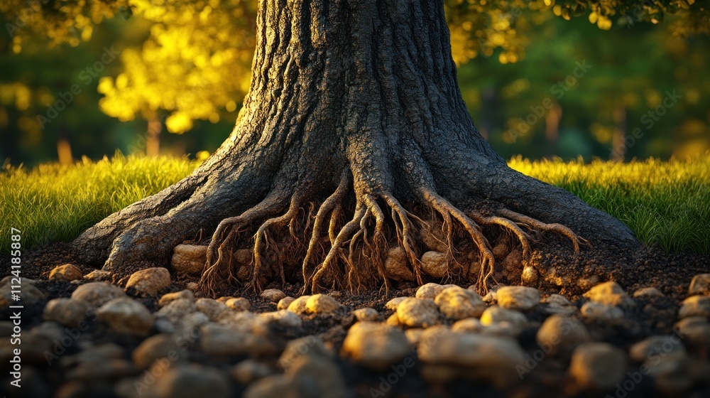 Poster tree roots emerging from soil with sunlight filtering through leaves.