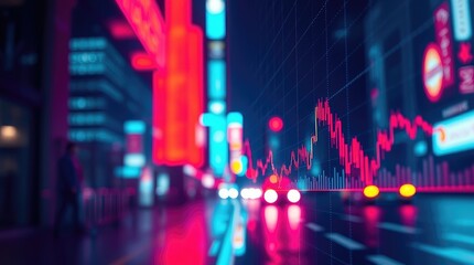 A vibrant cityscape with a digital stock market graph overlay.