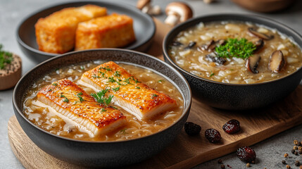 Fototapeta premium heartwarming bowl of traditional Polish almond soup served on Christmas Eve, symbolizing love, unity, and heritage, garnished with almonds and raisins, evoking festive joy and cultural richness