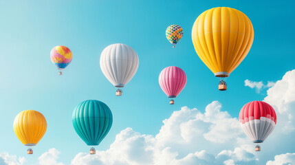 Fototapeta premium Colorful balloons floating in bright blue sky with fluffy clouds