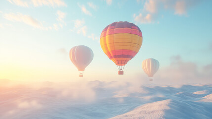 Fototapeta premium Colorful hot air balloons floating in bright sky create serene atmosphere