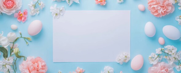 Easter background with colorful eggs, flowers and blank paper for text or design on a pastel blue background.