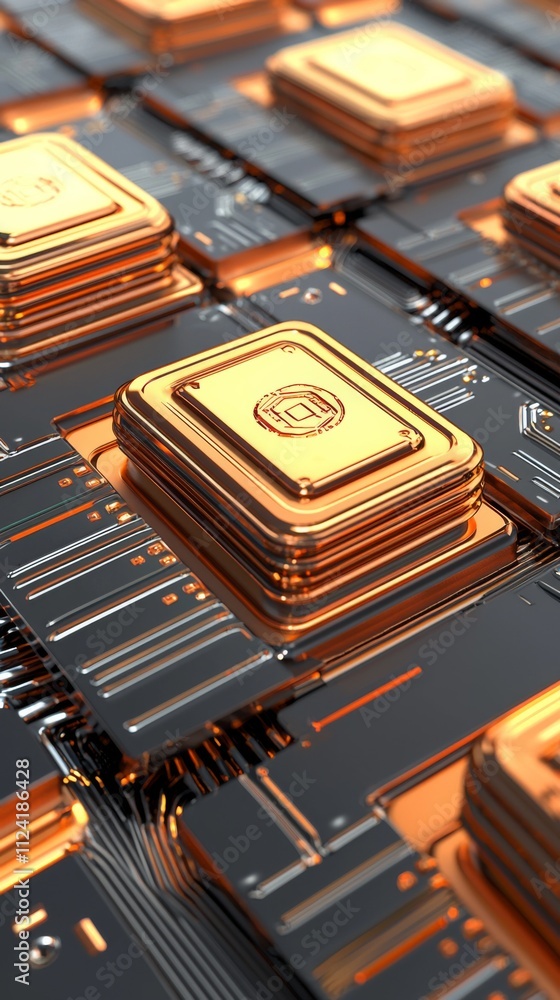 Aufkleber high-tech computer chips arranged in a futuristic circuit board design featuring metallic gold and b
