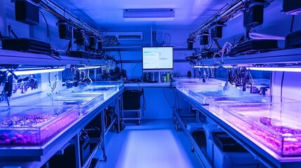 Fototapeta premium Aquaculture facility with large tanks containing various species of fish, sustainable farming practices, and advanced technology for water quality monitoring and feeding systems. 