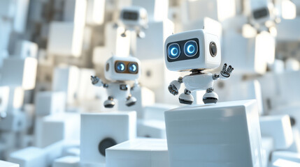 Playful robots exploring clean white environment, showcasing curiosity and joy