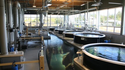 Aquaculture facility with large tanks containing various species of fish, sustainable farming practices, and advanced technology for water quality monitoring and feeding systems. 