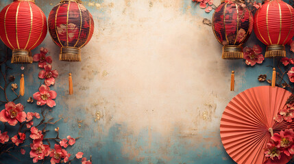 Chinese New Year with lanterns, paper umbrellas and red pink flowers on the right and left sides of the frame, on an abstract background.