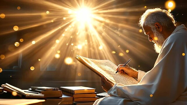 A prophet writing on a scroll illuminated by celestial light, illustrating divine inspiration, mystical knowledge, spiritual insight, ancient wisdom and sacred revelation