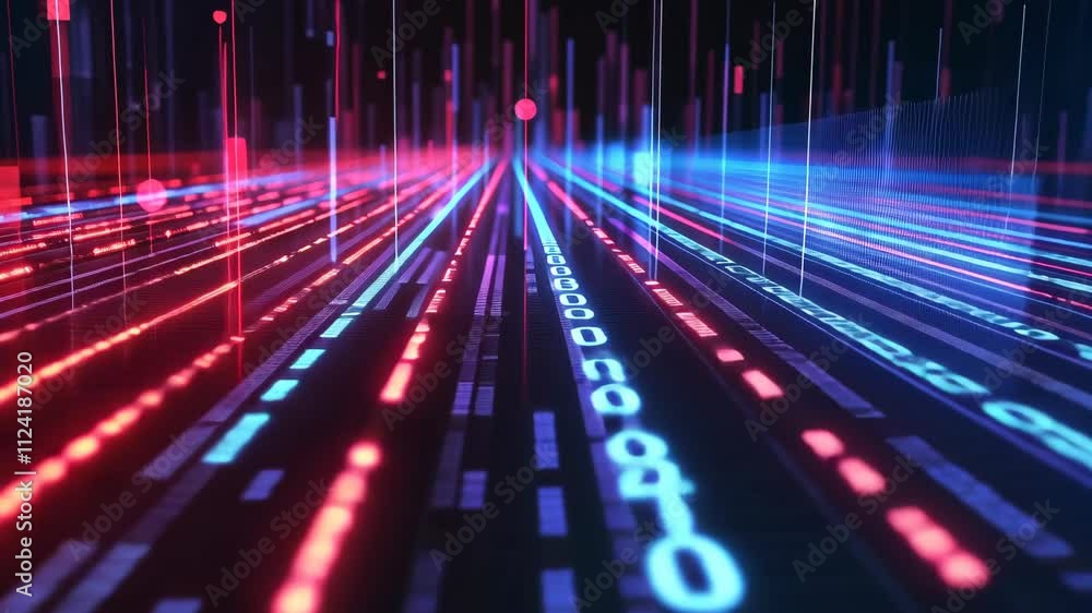 Poster futuristic digital data stream binary code neon lights abstract background technology concept