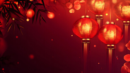 red lantern, with bamboo leaves on the left, red background with Chinese New Year motif, and bokeh light