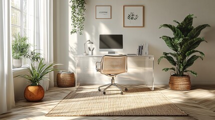 Airy Home Office with Inviting Plants and Natural Light