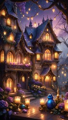 Enchanted evening in a mystical cottage surrounded by glowing lights and blooming flowers at twilight. Generative AI