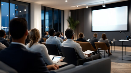 Fototapeta premium Diverse group of professionals seated in a modern seminar room with a presenter at the front