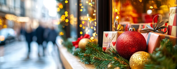 festive retail window display adorned with Christmas decorations, including ornaments, gifts, and greenery, creating warm holiday atmosphere