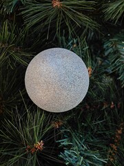 Close-up view of a Christmas tree branch with a single, large, glittery silver ornament hanging from it, showcasing festive holiday decor