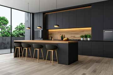 Modern Kitchen with Bar Countertop and Panoramic View