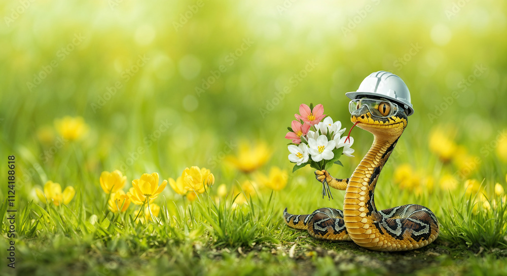 Poster cute snake symbol of the year in a builder's helmet and glasses with a flowers on a spring backgroun