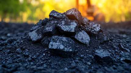 industrial coal pile with blurred heavy machinery in the background symbolizing energy production industrial strength and the environmental impact of fossil fuels in modern society
