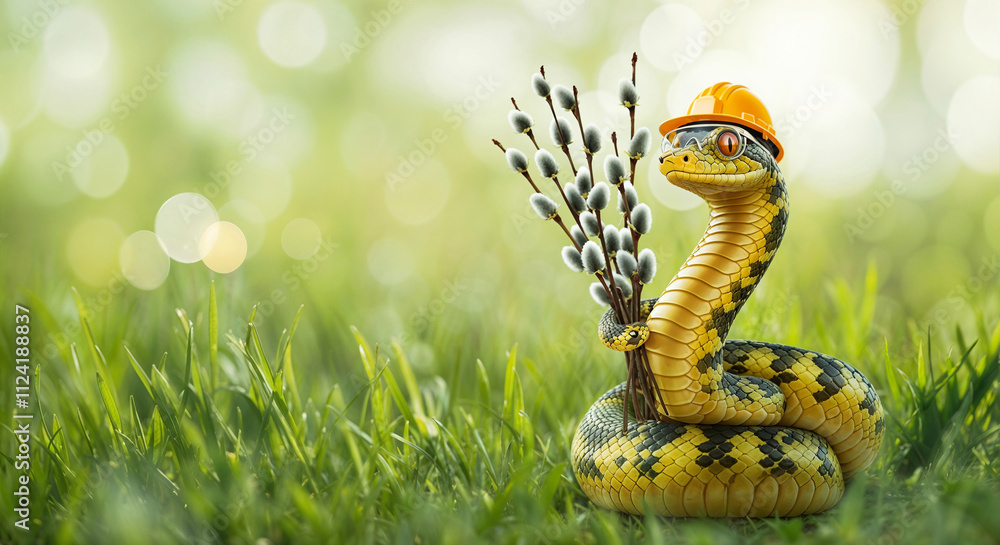 Poster cute snake symbol of the year in a builder's helmet and glasses with a willow on a spring background