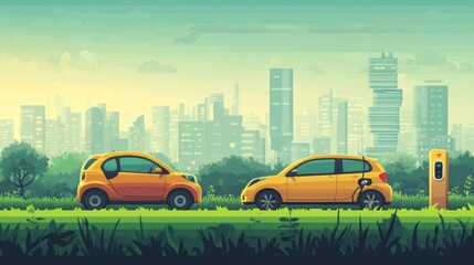 A banner emphasizing the environmental benefits of EVs, featuring an electric car in a green field and a gasoline car in a smoggy urban setting