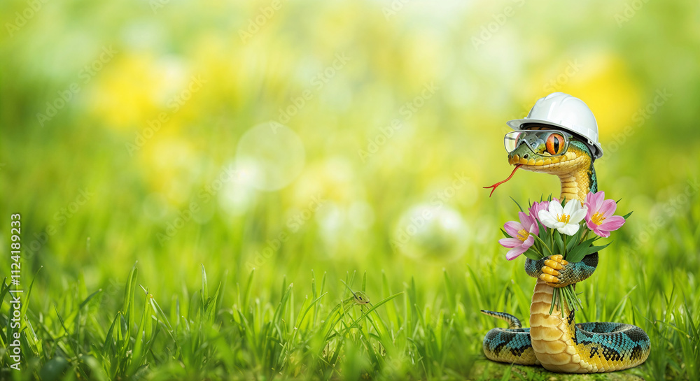 Poster cute snake symbol of the year in a builder's helmet and glasses with a flowers on a spring backgroun